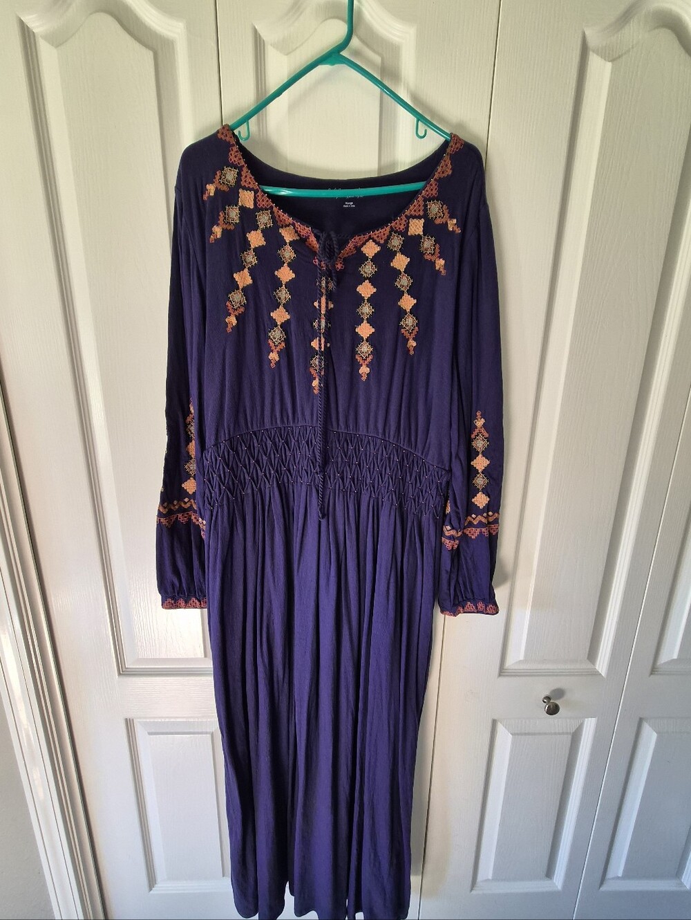 Boho Embroidered Long Sleeve Maxi Dress - Purple